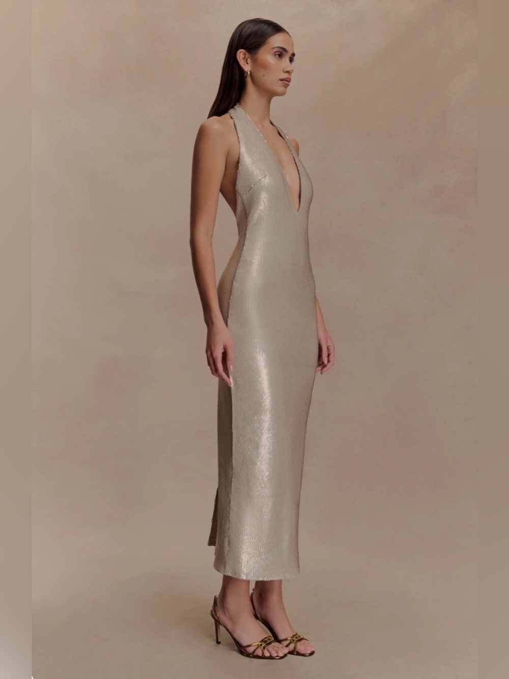 Meshki One-Shoulder Halter Midi Dress in Champagne